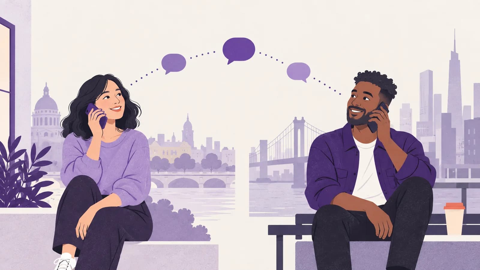 Two people in different cities chatting to each other on their phones