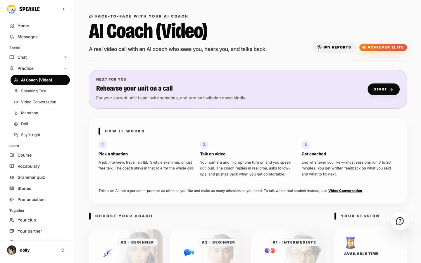 The AI video coach page: a real video call with an AI coach, a suggested next call, and how a call works