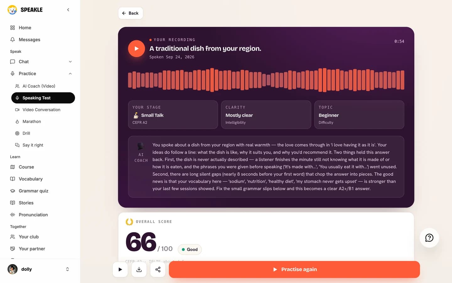 A speaking session report: the recording with its waveform, stage, clarity and topic, the coach's written feedback and an overall score of 66 out of 100
