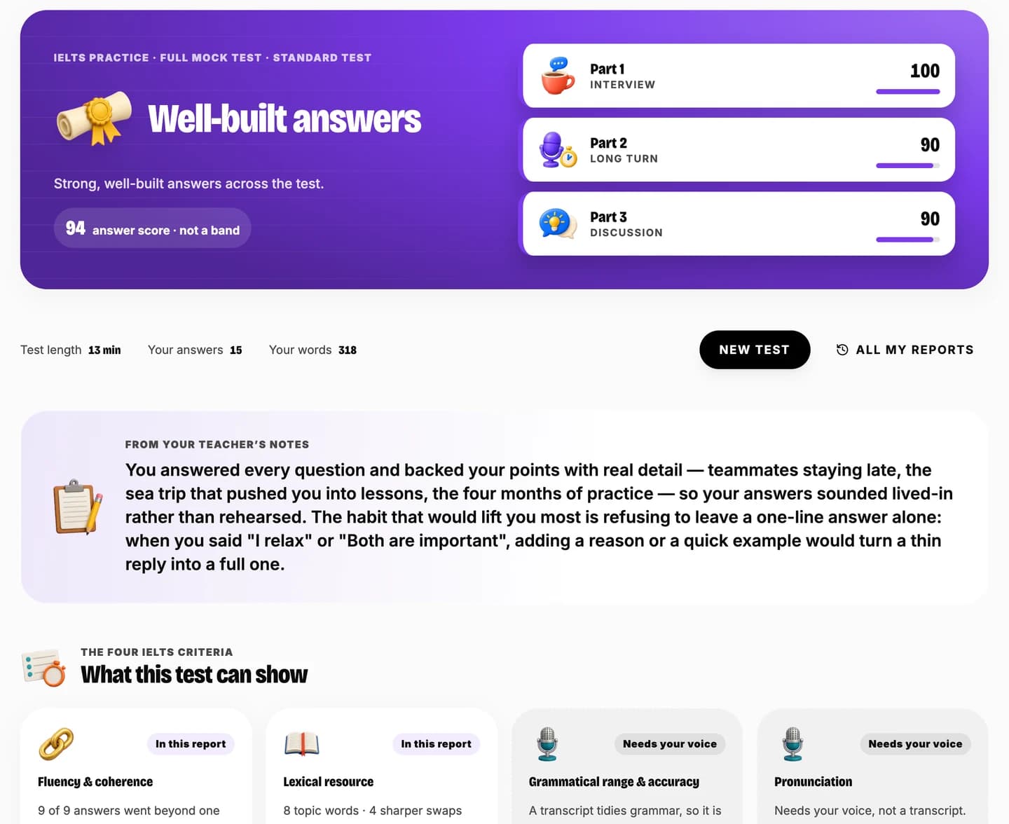 An IELTS speaking practice report: "Well-built answers", scores for Part 1, Part 2 and Part 3, and the four IELTS criteria marked as shown in the report or needing your voice