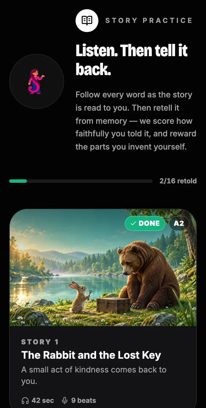 The story library, headed "Listen. Then tell it back", with 2 of 16 stories retold and the first story, The Rabbit and the Lost Key, marked done at level A2
