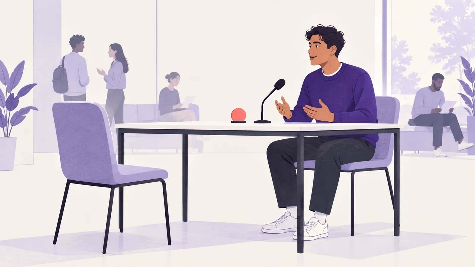 A learner rehearsing for a speaking exam with a timer and a microphone