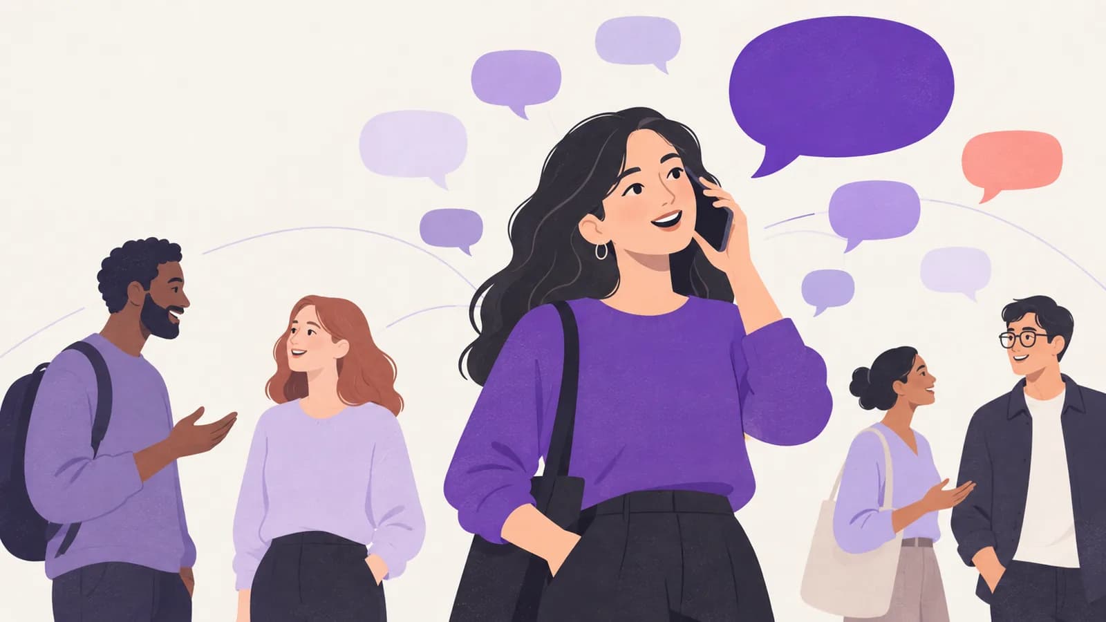 A learner chatting on her phone among speech bubbles in many colours