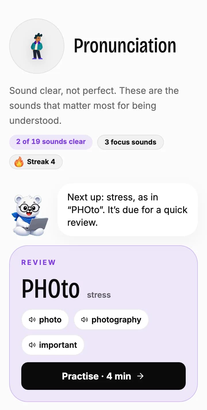 The Pronunciation home showing 2 of 19 sounds clear, 3 focus sounds and a 4-day streak, with the bear suggesting a review of word stress in photo, photography and important
