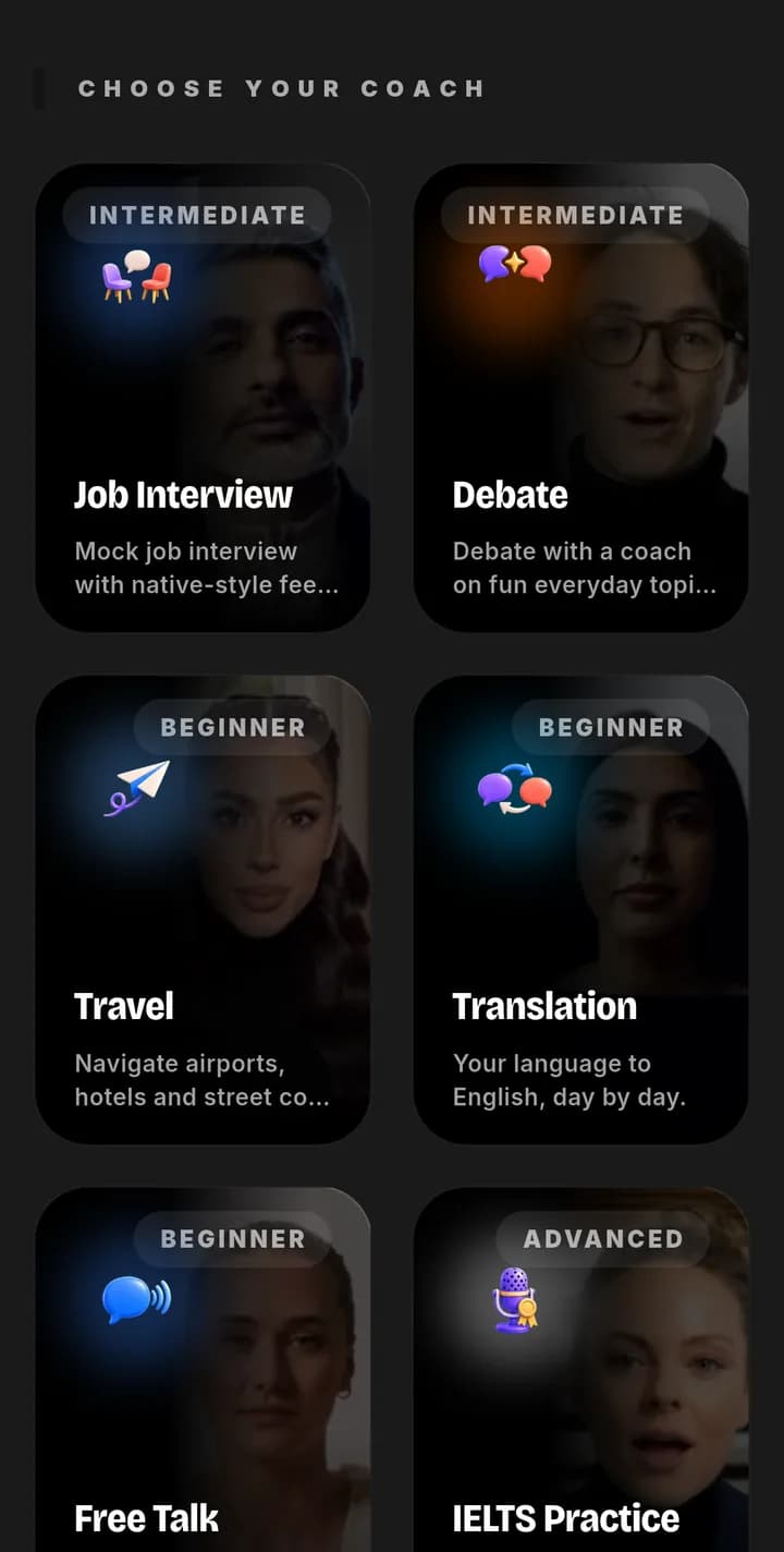 Choosing a live AI video coach: job interview, debate, travel, translation, free talk and IELTS practice, each card showing the coach you will talk to and a level