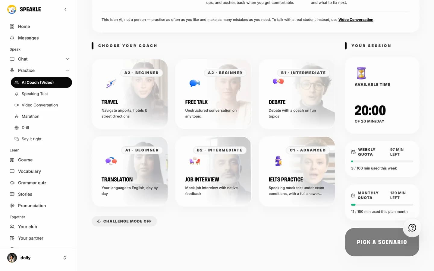 Choosing an AI coach: travel, free talk, debate, translation, job interview and IELTS practice, each marked with a level, and the minutes you have left