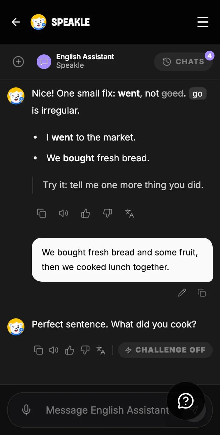 An AI chat correction: went, not goed, with goed struck through, two example sentences, and a prompt to say one more thing