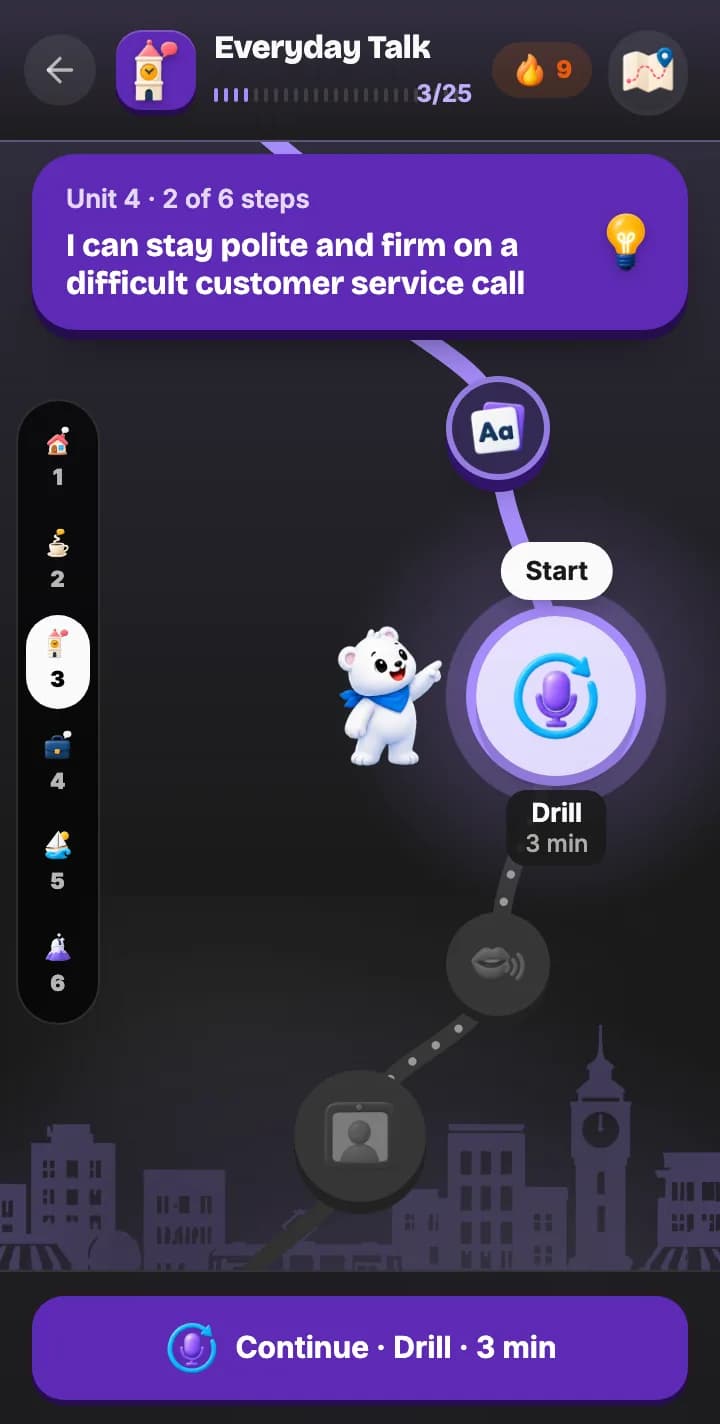 The Daily goals map on the Everyday Talk stage, with the unit card reading "I can stay polite and firm on a difficult customer service call" and the bear pointing at the next step, a three-minute drill