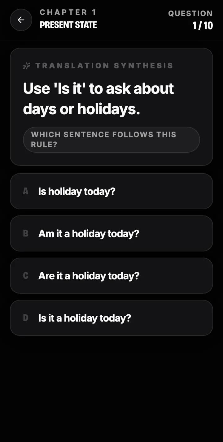 A grammar question from Chapter 1, Present State: the rule “Use Is it to ask about days or holidays” with four sentences, asking which one follows it