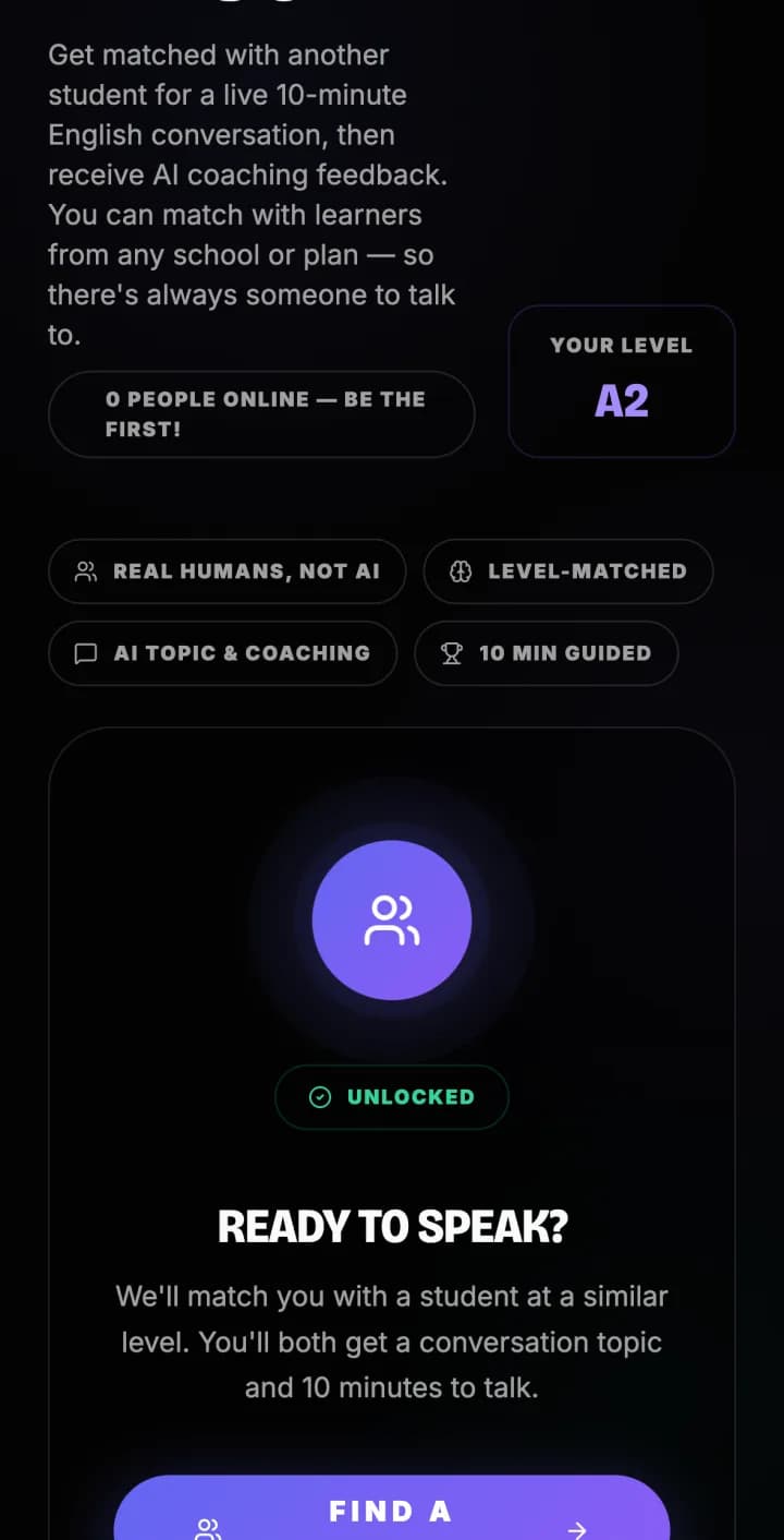 The video conversation screen, which matches you with a learner at your level for a 10-minute talk followed by AI coaching