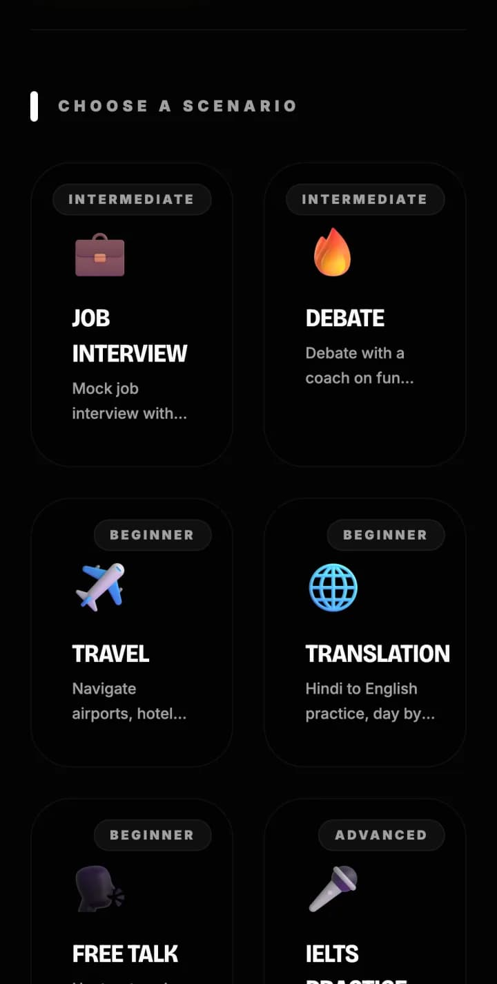 Choosing a speaking scenario: job interview, debate, travel, translation, free talk and IELTS practice, each marked with a level