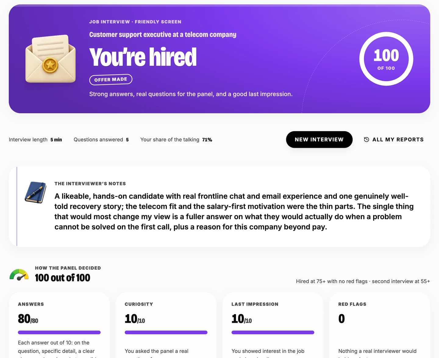 A job interview report: the decision "You're hired" with a score of 100 out of 100, the interviewer's notes, and how the panel scored answers, curiosity, the close and red flags
