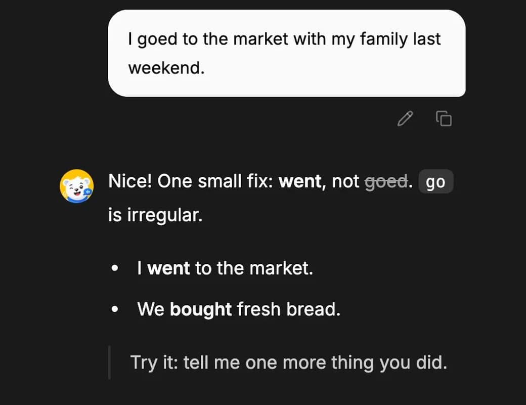 An AI chat: the learner writes "I goed to the market", and the reply fixes it to went, not goed, with two example sentences and a prompt to say one more thing