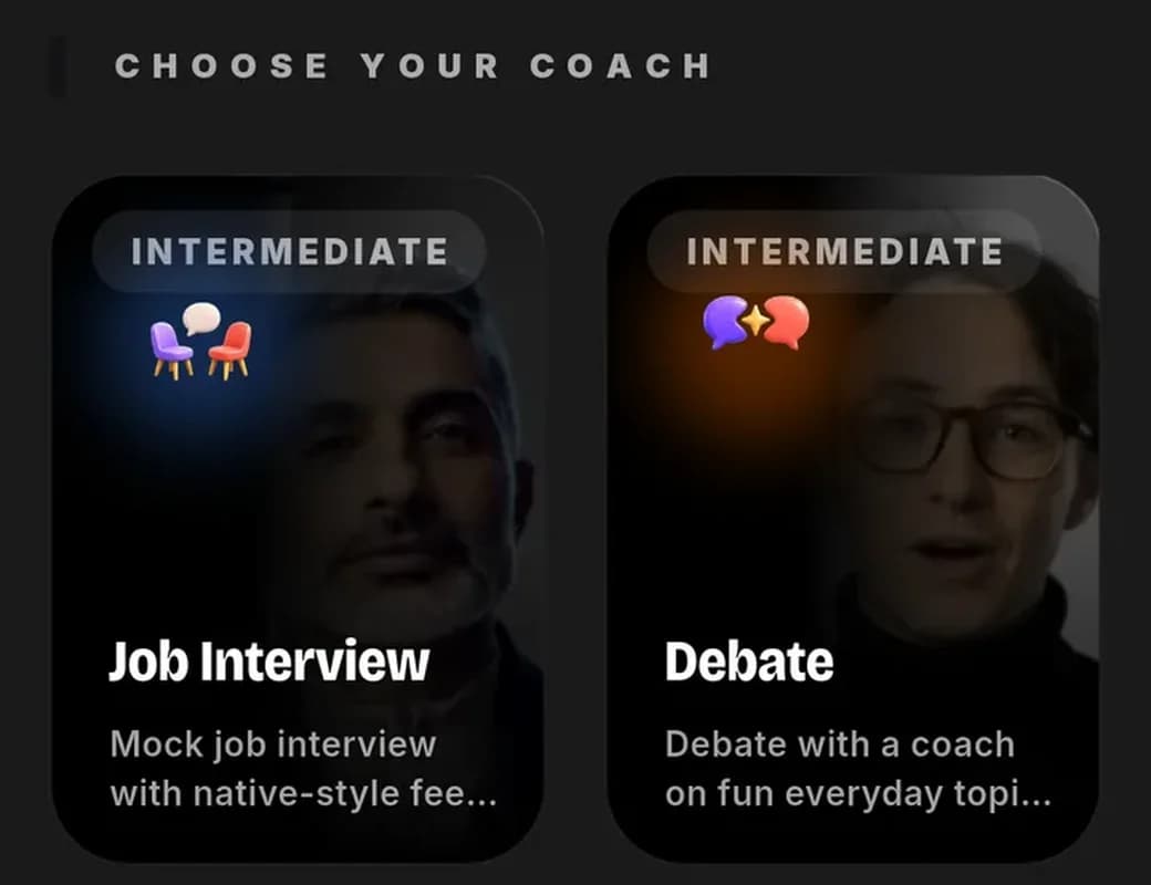 Choosing a live AI video coach: job interview, debate, travel, translation, free talk and IELTS practice, each card showing the coach you will talk to and a level