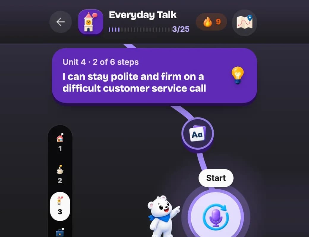 The Daily goals map on the Everyday Talk stage, with the unit card reading "I can stay polite and firm on a difficult customer service call" and the bear pointing at the next step, a three-minute drill