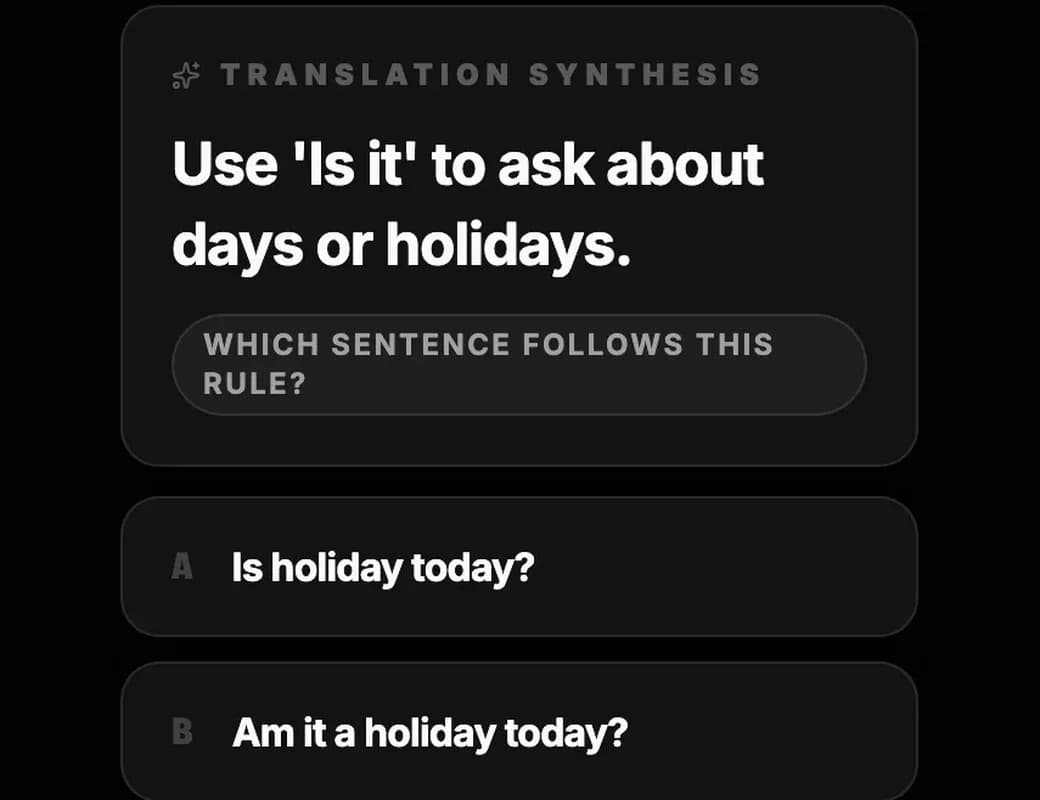 A grammar question from Chapter 1, Present State: the rule “Use Is it to ask about days or holidays” with four sentences, asking which one follows it