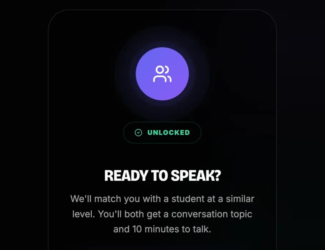The video conversation screen, which matches you with a learner at your level for a 10-minute talk followed by AI coaching