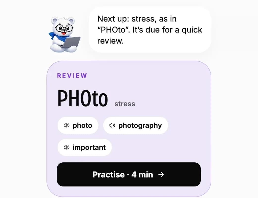 The Pronunciation home showing 2 of 19 sounds clear, 3 focus sounds and a 4-day streak, with the bear suggesting a review of word stress in photo, photography and important