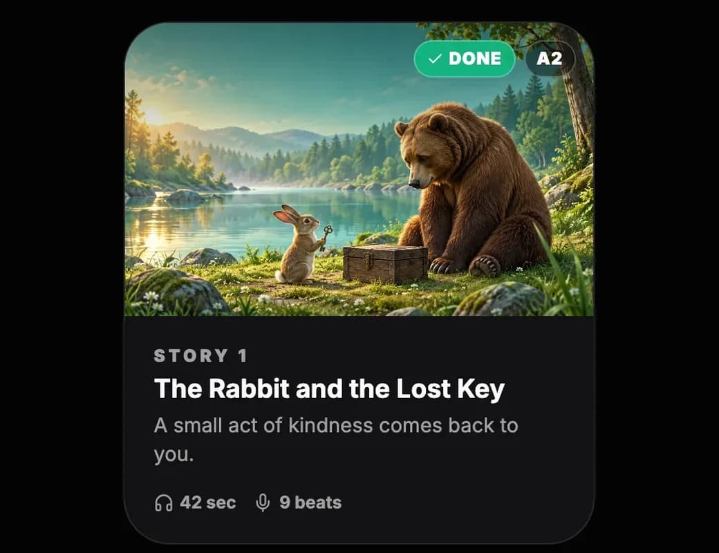 The Stories page: listen to a story, then tell it back from memory, with 2 of 32 stories retold and The Rabbit and the Lost Key marked done at level A2