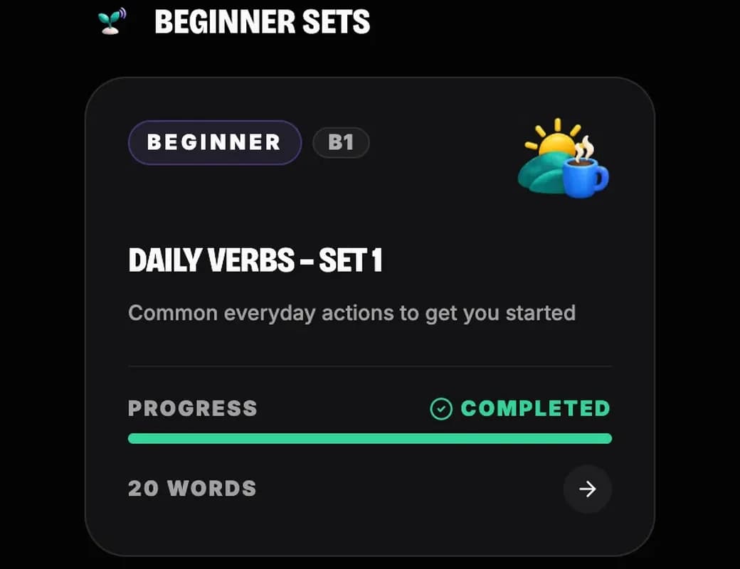 The Vocabulary page: 1,800 everyday words in 90 collections, filtered by level, with Daily Verbs Set 1 completed