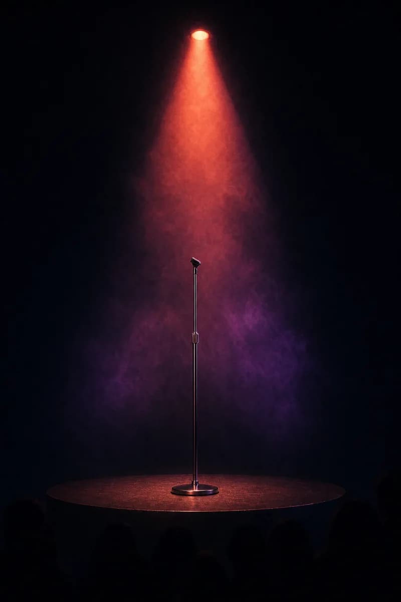 A microphone stand under a single spotlight
