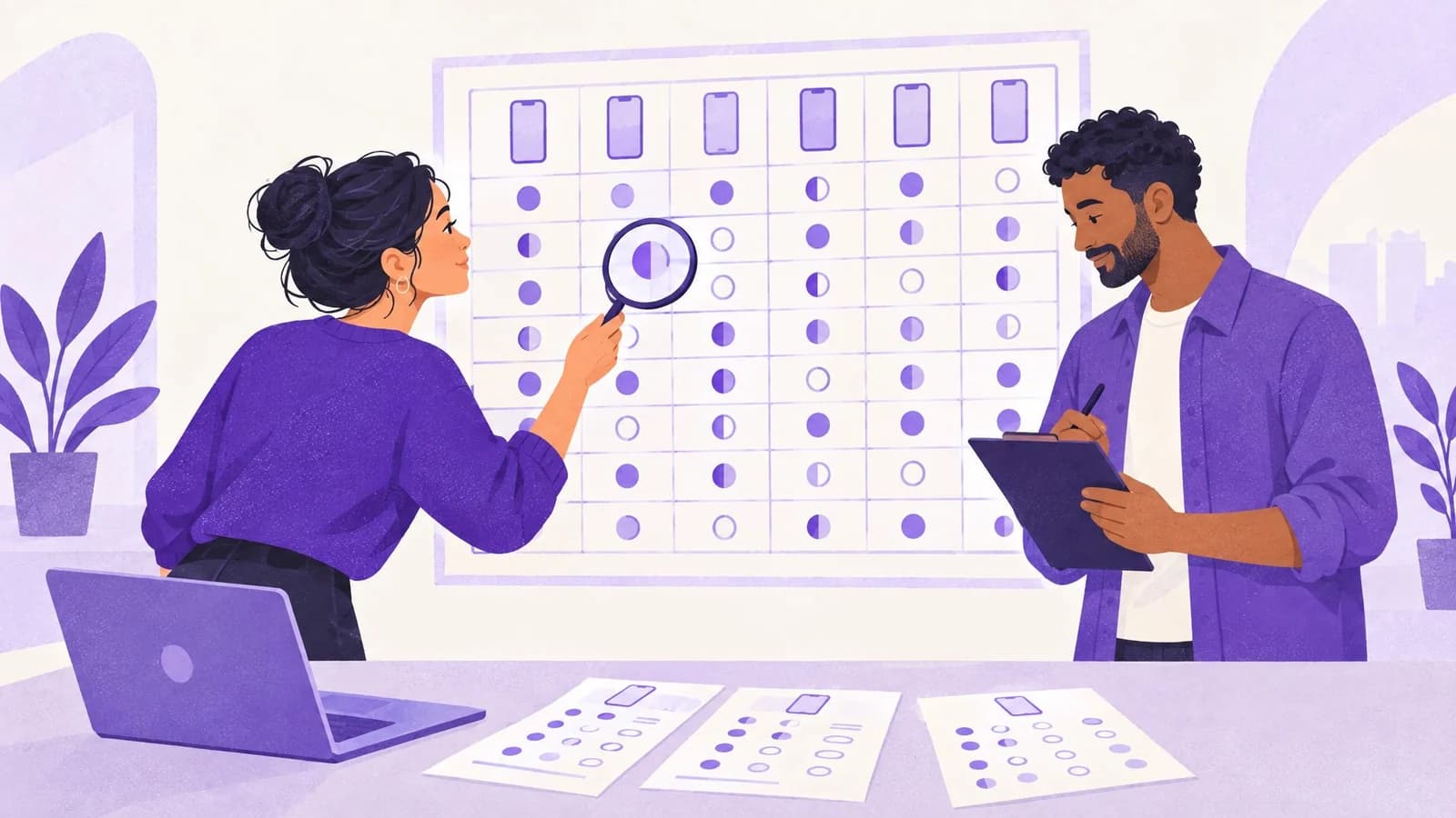 Two people checking a large wall chart of dots, one with a magnifying glass and one with a clipboard