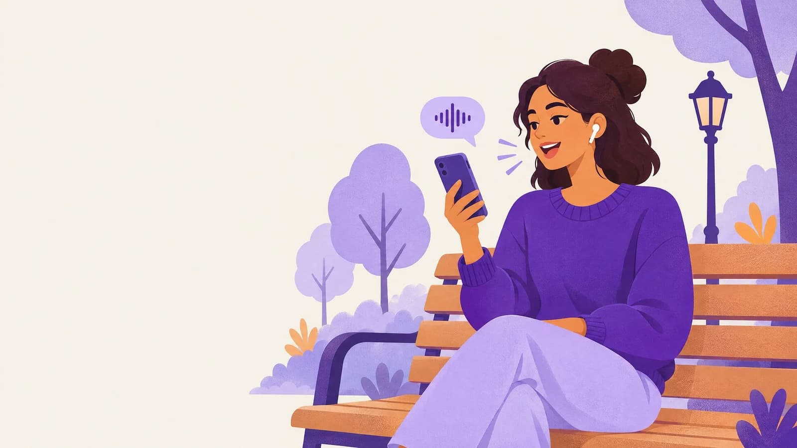 A learner on a park bench speaking into her phone, earbuds in